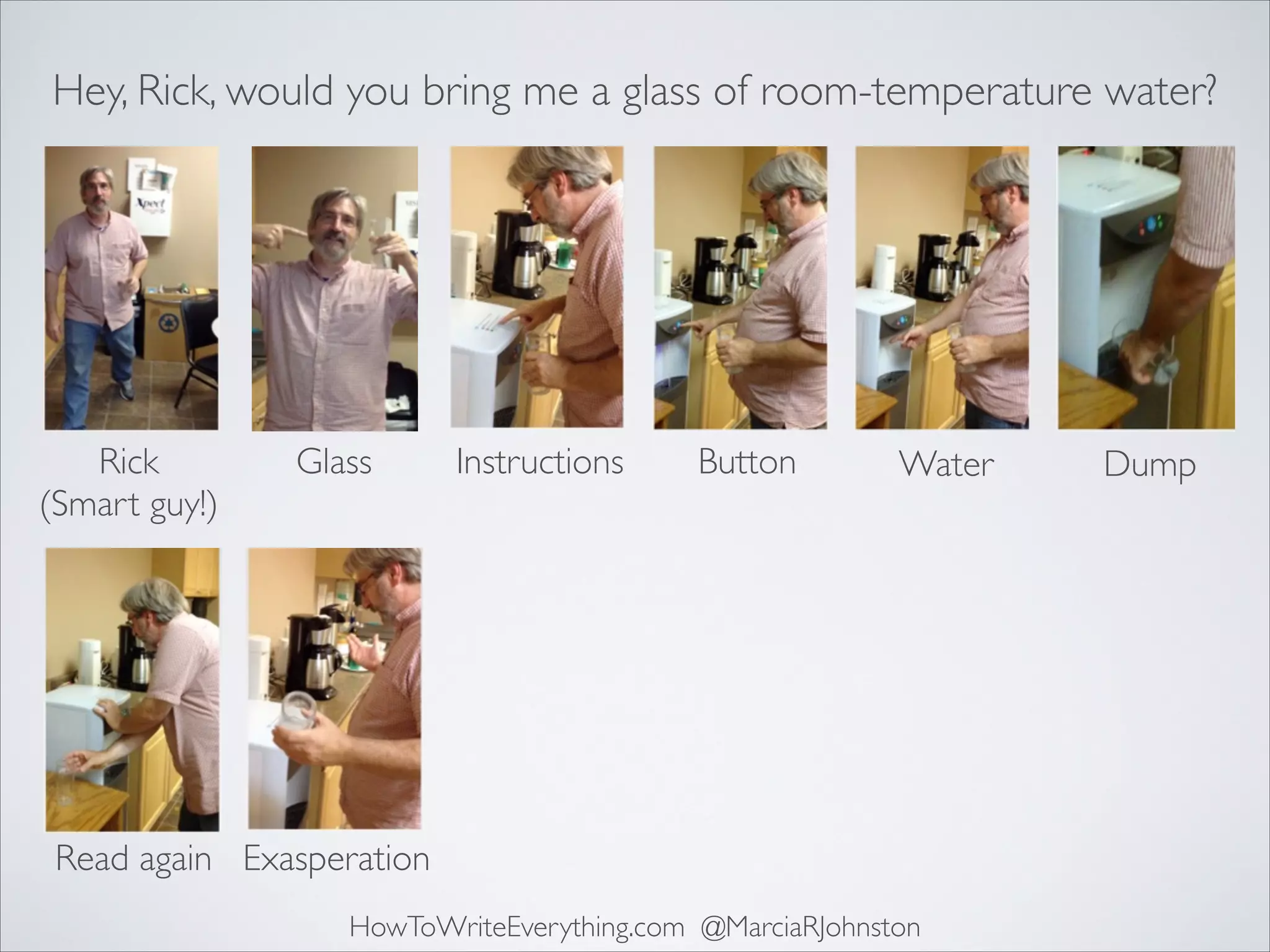 Hey, Rick, would you bring me a glass of room-temperature water?

Rick	

(Smart guy!)

Glass

Instructions

Button

Water

Read again Exasperation
HowToWriteEverything.com @MarciaRJohnston

Dump

 