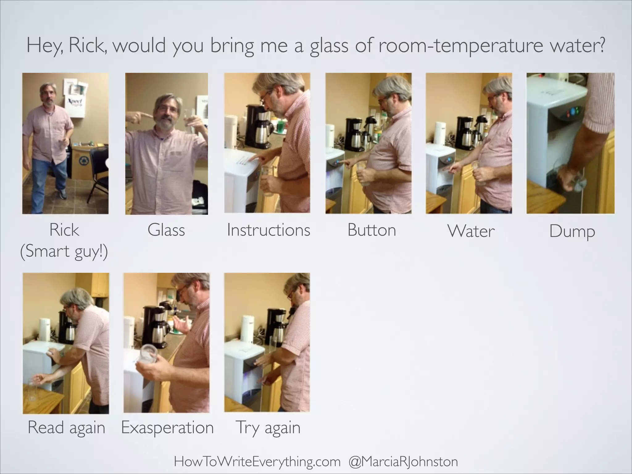 Hey, Rick, would you bring me a glass of room-temperature water?

Rick	

(Smart guy!)

Glass

Read again Exasperation

Instructions

Button

Water

Try again

HowToWriteEverything.com @MarciaRJohnston

Dump

 