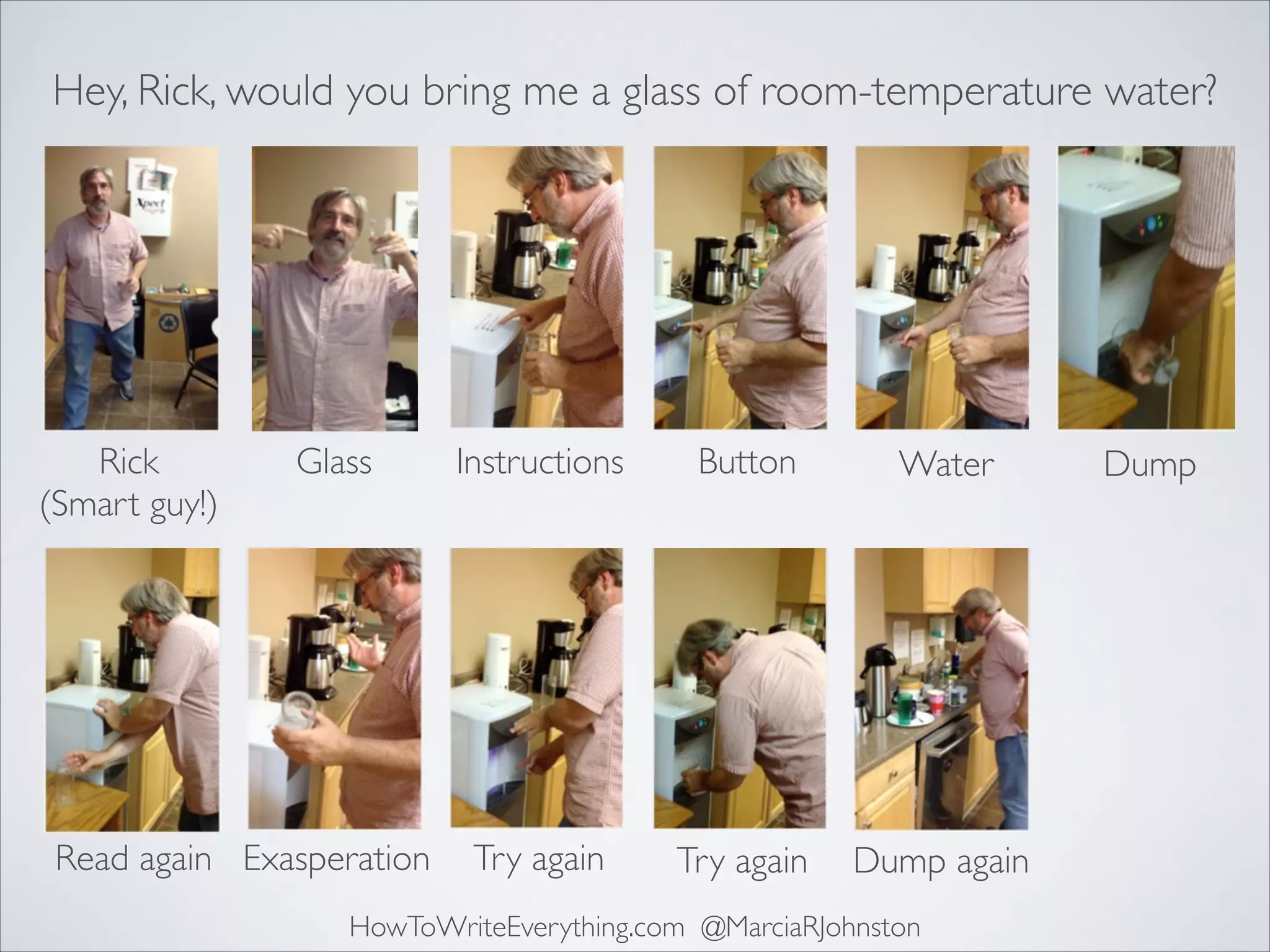 Hey, Rick, would you bring me a glass of room-temperature water?

Rick	

(Smart guy!)

Glass

Read again Exasperation

Instructions

Button

Water

Try again

Try again

Dump again

HowToWriteEverything.com @MarciaRJohnston

Dump

 