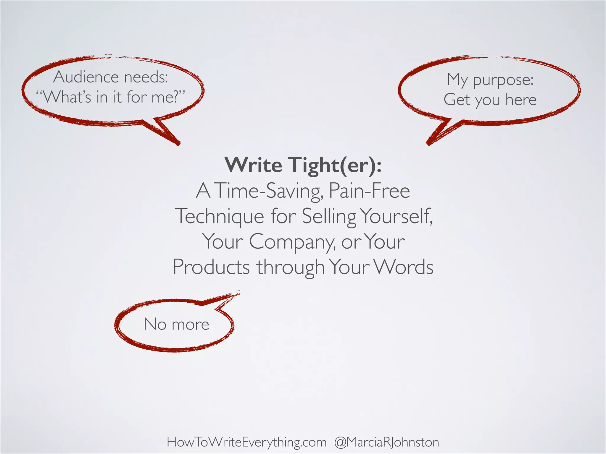 Audience needs:	

“What’s in it for me?”

Write Tight(er): 
A Time-Saving, Pain-Free
Technique for Selling Yourself,
Your Company, or Your
Products through Your Words
No more

HowToWriteEverything.com @MarciaRJohnston

My purpose:	

Get you here

 