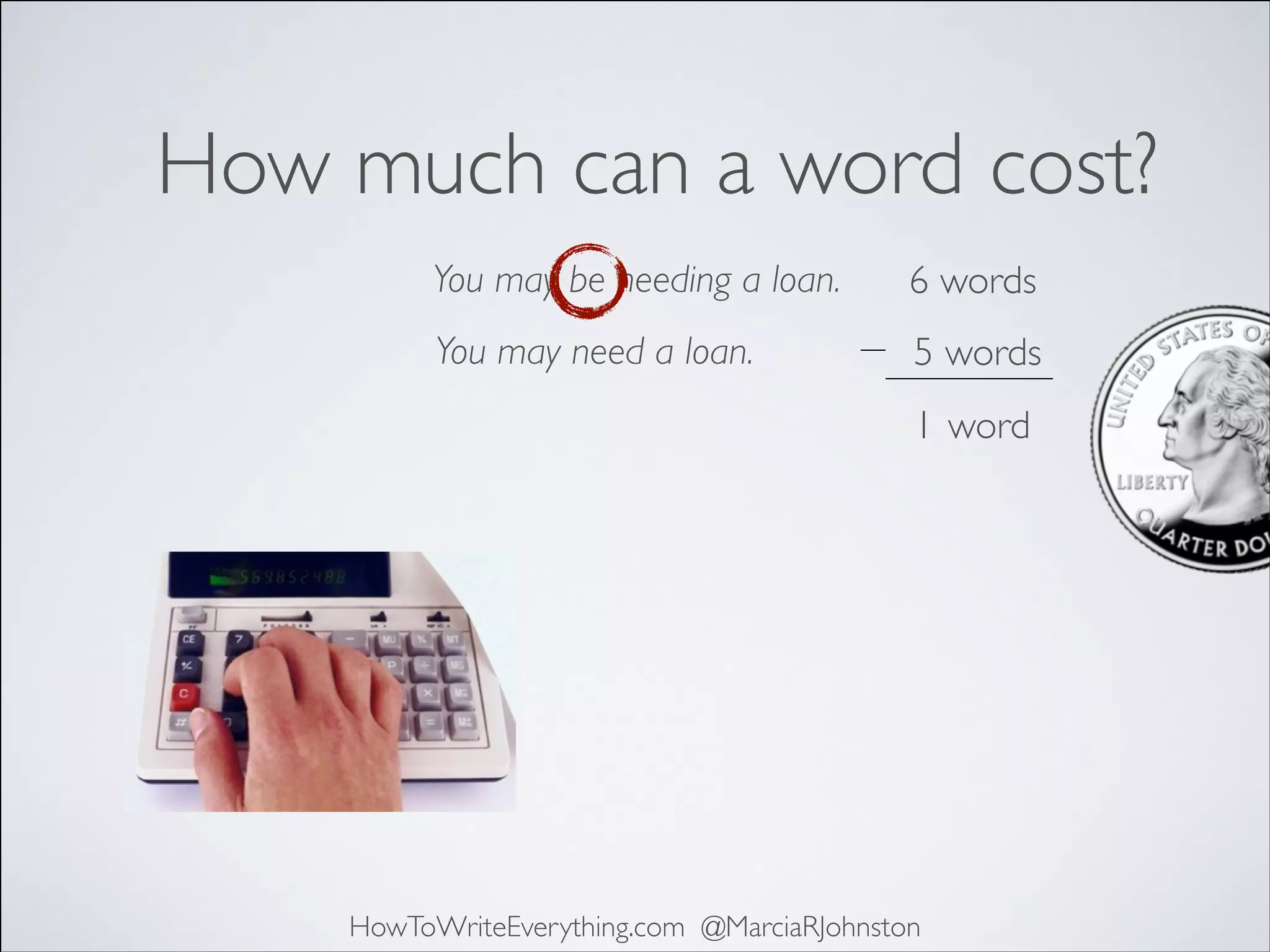 How much can a word cost?
You may be needing a loan.

6 words

You may need a loan.

5 words
1 word

HowToWriteEverything.com @MarciaRJohnston

 