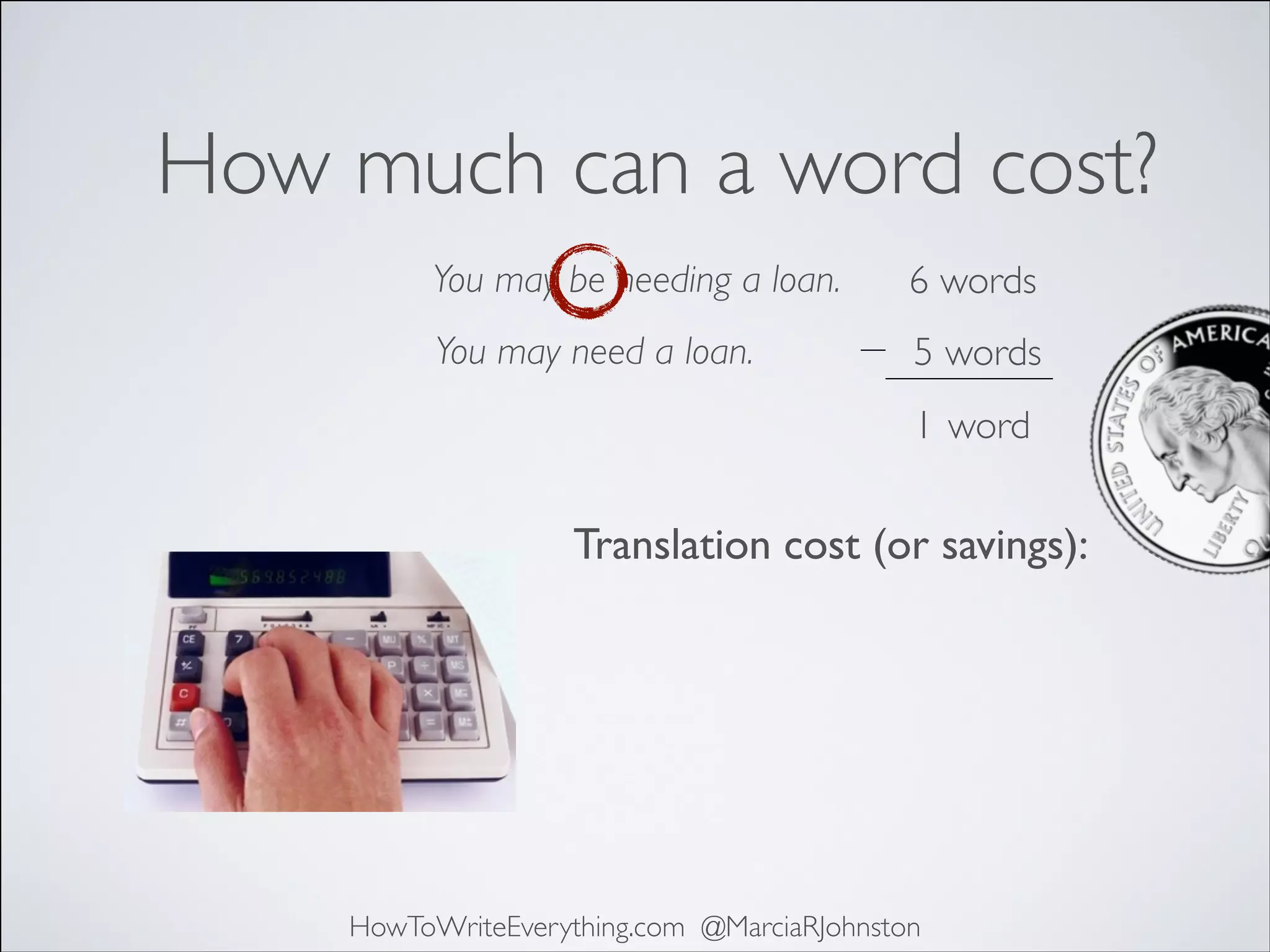 How much can a word cost?
You may be needing a loan.

6 words

You may need a loan.

5 words
1 word

Translation cost (or savings):

HowToWriteEverything.com @MarciaRJohnston

 