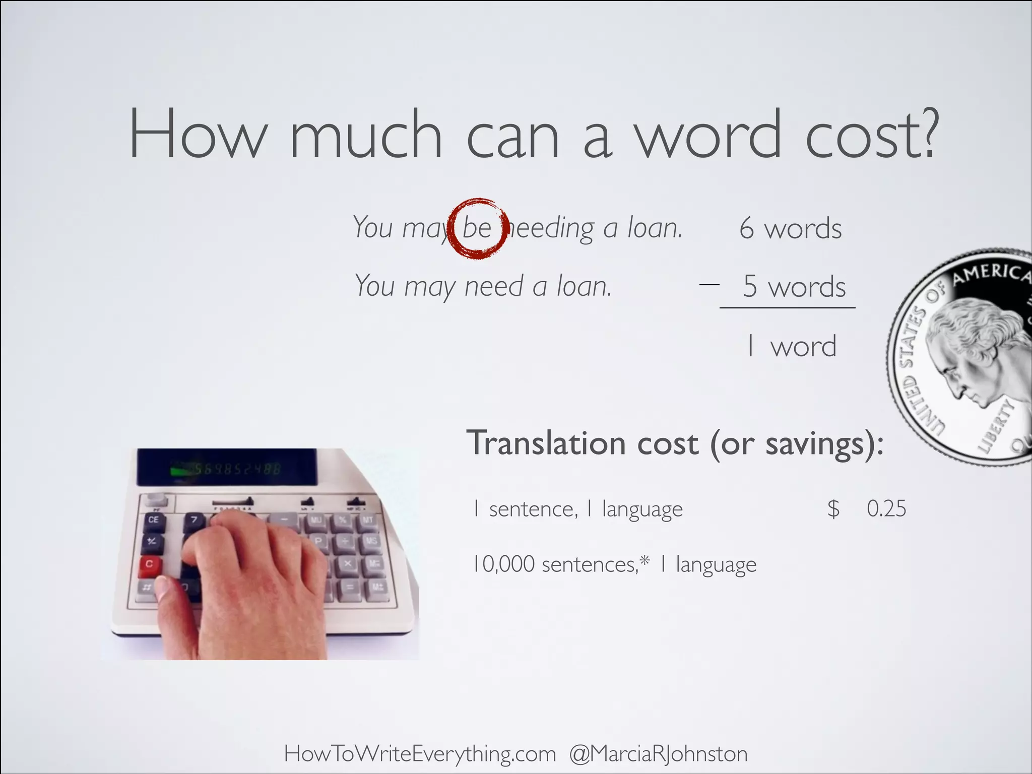How much can a word cost?
You may be needing a loan.

6 words

You may need a loan.

5 words
1 word

Translation cost (or savings):
1 sentence, 1 language
10,000 sentences,* 1 language

HowToWriteEverything.com @MarciaRJohnston

$

0.25

 