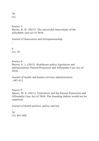 70
(5).
Source 3-
Hester, R. D. (2017). The successful innovations of the
affordable care act of 2010.
Journal of Innovation and Entrepreneurship
,
6
(1), 18
Source 4-
Martin, E. J. (2015). Healthcare policy legislation and
administration: Patient Protection and Affordable Care Act of
2010.
Journal of health and human services administration
, 407-411.
Source 5-
Sparer, M. S. (2011). Federalism and the Patient Protection and
Affordable Care Act of 2010: The founding fathers would not be
surprised.
Journal of health politics, policy and law
,
36
(3), 461-468.
 
