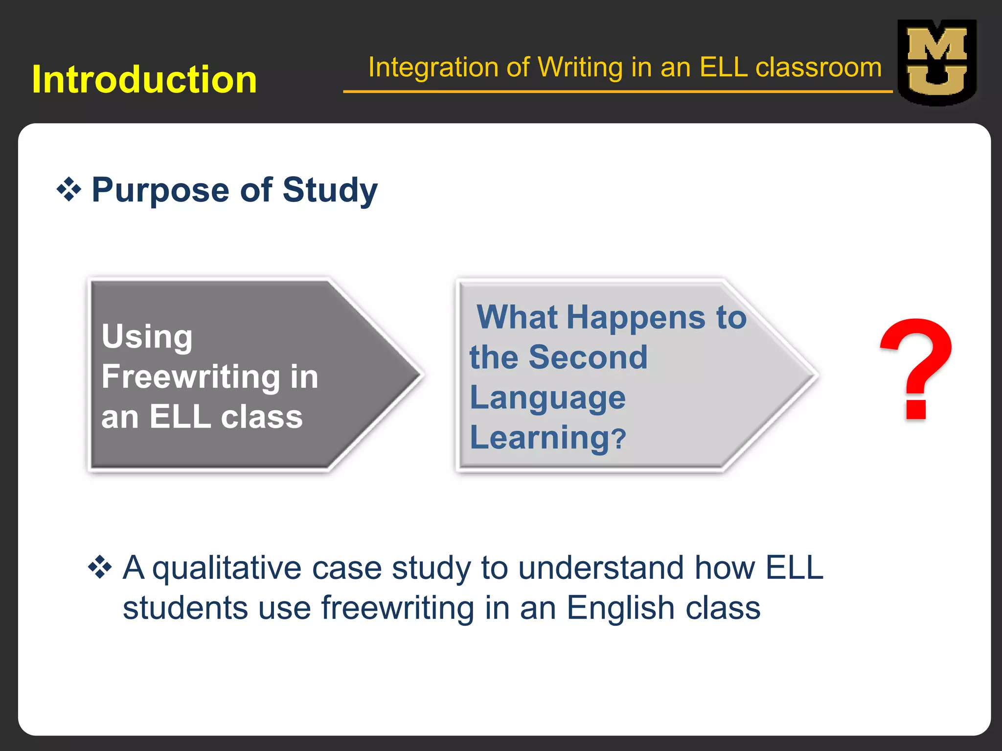 Introduction

Integration of Writing in an ELL classroom

 Purpose of Study

Using
Freewriting in
an ELL class

What Happens to
the Second
Language
Learning?

 A qualitative case study to understand how ELL
students use freewriting in an English class

?

 