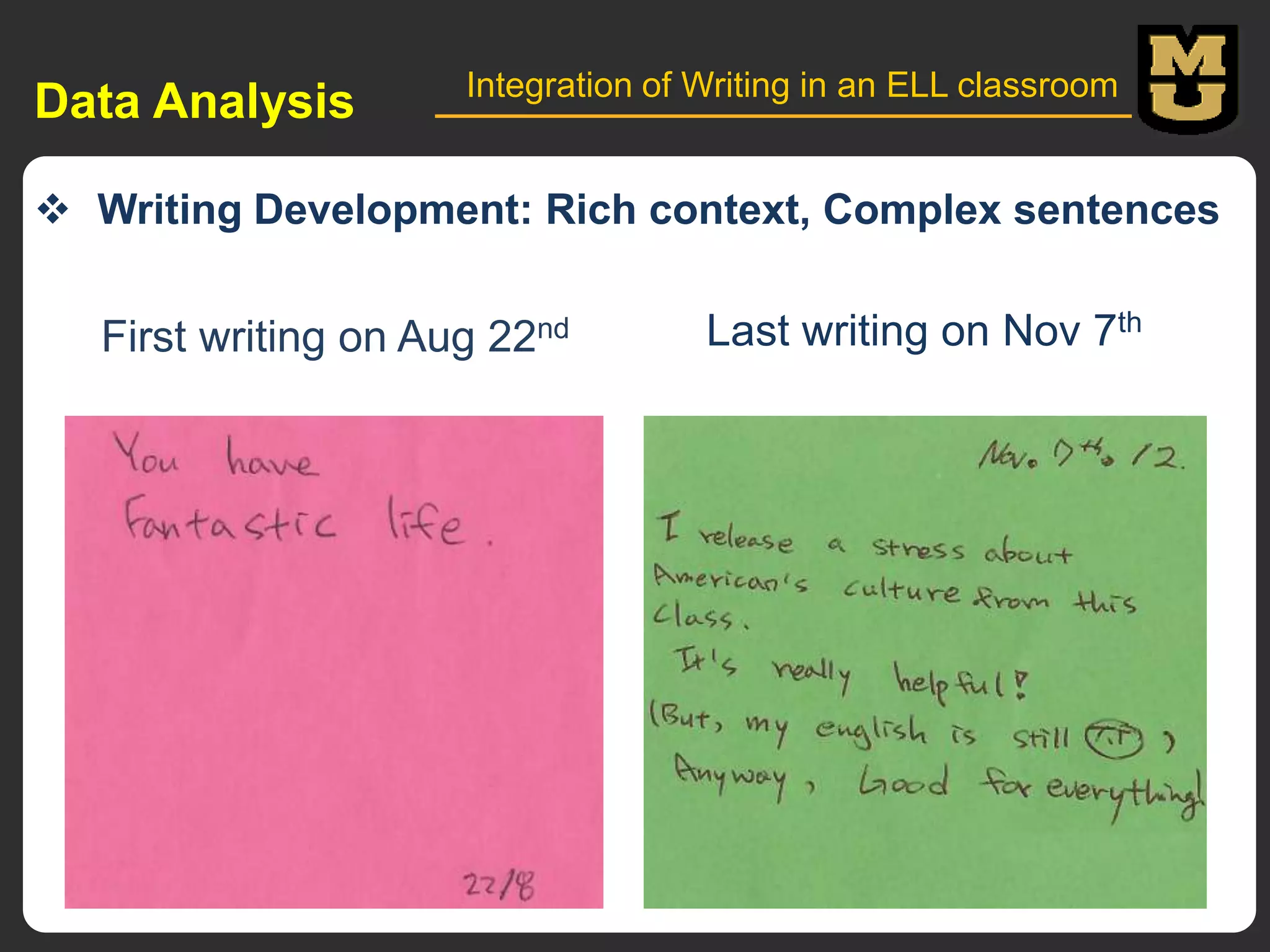 Data Analysis

Integration of Writing in an ELL classroom

 Writing Development: Rich context, Complex sentences

First writing on Aug 22nd

Last writing on Nov 7th

 