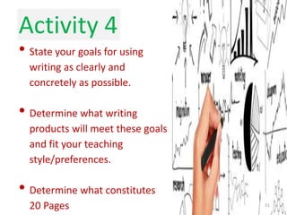 Activity 4
• State your goals for using
  writing as clearly and
  concretely as possible.

• Determine what writing
  products will meet these goals
  and fit your teaching
  style/preferences.

• Determine what constitutes
  20 Pages                         51
 