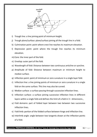 Prepared by- PRAPHULLA SONOWAL, M. Tech 1
st
Sem, Dr. Harisingh Gour University, Sagar (M.P.) 6 | P a g e
i) Trough line: a line joining point of minimum height.
j) Trough plane/surface: plane/surface joining all the trough line in a fold.
k) Culmination point: point where crest line reaches its maximum elevation.
l) Depression point: point where the trough line reaches its minimum
elevation.
m) Core: the inner part of the fold.
n) Envelop: outer part of the fold.
o) Wavelength of fold: Distance between two continuous anticline or syncline.
p) Amplitude of fold: Distance between maximum or minimum height to
median surface.
q) Inflection point: point of minimum or zero curvature in a single layer fold.
r) Inflection line: a line joining points of minimum or zero curvature in a single
fold on the same surface. This line may also be curved.
s) Median surface: a surface passing through successive inflection lines.
t) Inflection surface: a surface joining successive inflection lines in different
layers within a single fold and defines the limit of a fold in 3 – dimensions.,
u) Fold domains: part of folded layer between two between two successive
inflection lines.
v) Fold limb: portion of the folded surface between hinge and inflection line.
w) Interlimb angle: angle between two tangents drawn at the inflection points
of a fold.
 