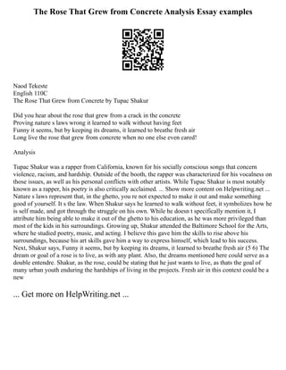 The Rose That Grew from Concrete Analysis Essay examples
Naod Tekeste
English 110C
The Rose That Grew from Concrete by Tupac Shakur
Did you hear about the rose that grew from a crack in the concrete
Proving nature s laws wrong it learned to walk without having feet
Funny it seems, but by keeping its dreams, it learned to breathe fresh air
Long live the rose that grew from concrete when no one else even cared!
Analysis
Tupac Shakur was a rapper from California, known for his socially conscious songs that concern
violence, racism, and hardship. Outside of the booth, the rapper was characterized for his vocalness on
those issues, as well as his personal conflicts with other artists. While Tupac Shakur is most notably
known as a rapper, his poetry is also critically acclaimed. ... Show more content on Helpwriting.net ...
Nature s laws represent that, in the ghetto, you re not expected to make it out and make something
good of yourself. It s the law. When Shakur says he learned to walk without feet, it symbolizes how he
is self made, and got through the struggle on his own. While he doesn t specifically mention it, I
attribute him being able to make it out of the ghetto to his education, as he was more privileged than
most of the kids in his surroundings. Growing up, Shakur attended the Baltimore School for the Arts,
where he studied poetry, music, and acting. I believe this gave him the skills to rise above his
surroundings, because his art skills gave him a way to express himself, which lead to his success.
Next, Shakur says, Funny it seems, but by keeping its dreams, it learned to breathe fresh air (5 6) The
dream or goal of a rose is to live, as with any plant. Also, the dreams mentioned here could serve as a
double entendre. Shakur, as the rose, could be stating that he just wants to live, as thats the goal of
many urban youth enduring the hardships of living in the projects. Fresh air in this context could be a
new
... Get more on HelpWriting.net ...
 