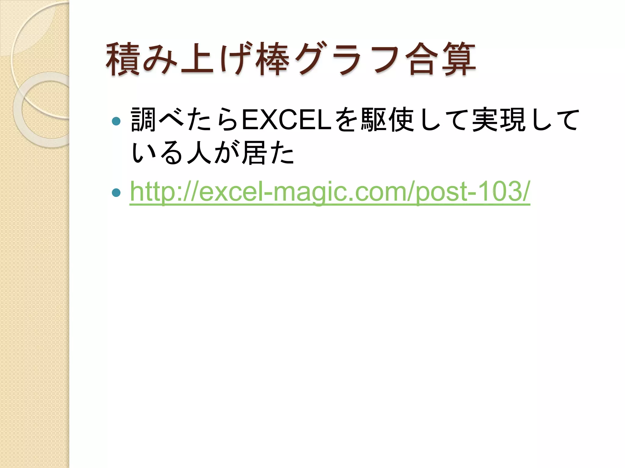 積み上げ棒グラフ合算
 調べたらEXCELを駆使して実現して
いる人が居た
 http://excel-magic.com/post-103/
 