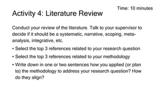 Activity 4: Literature Review
Conduct your review of the literature. Talk to your supervisor to
decide if it should be a systematic, narrative, scoping, meta-
analysis, integrative, etc.
• Select the top 3 references related to your research question
• Select the top 3 references related to your methodology
• Write down in one or two sentences how you applied (or plan
to) the methodology to address your research question? How
do they align?
Time: 10 minutes
 