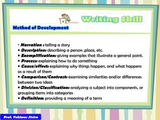 Prof. Yohimar Sivira Narration :  telling a story Description:  describing a person ,place, etc. Exemplification:  giving examples that illustrate a general point . Process:  explaining how to do something  Cause/effect:  explaining why things happen, and what happens as a result of them Comparison/Contrast:  examining similarities and/or differences between two ideas Division/Classification:  analyzing a subject into components, or grouping items into categories  Definition :  providing a meaning of a term 