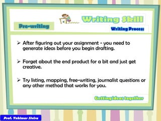 After figuring out your assignment - you need to generate ideas before you begin drafting. Forget about the end product for a bit and just get creative. Try listing, mapping, free-writing, journalist questions or any other method that works for you. Prof. Yohimar Sivira 