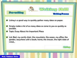 Listing is a good way to quickly gather many ideas on paper. Simply make a list of as many ideas as come to you as quickly as possible. Topic: Essay About An Important Place List: Bed, my comfy chair, the mountains, the ocean, my office, the garden, anywhere with a book, home, the shower, the right state of mind… Prof. Yohimar Sivira 