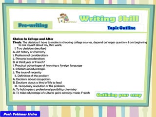 Choices in College and After Thesis : The decisions I have to make in choosing college courses, depend on larger questions I am beginning to ask myself about my life’s work.      I. Two decisions described A. Art history or chemistry 1. Professional considerations  2. Personal considerations  B. A third year of French? 1. Practical advantages of knowing a  foreign  language 2. Intellectual advantages 3. The issue of necessity      II. Definition of the problem A. Decisions about occupation B. Decisions about a kind of life to lead      III. Temporary resolution of the problem A. To hold open a professional possibility: chemistry B. To take advantage of cultural gains already made: French  Prof. Yohimar Sivira 