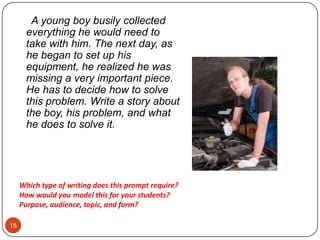 15A young boy busily collected everything he would need to take with him. The next day, as he began to set up his equipment, he realized he was missing a very important piece. He has to decide how to solve this problem. Write a story about the boy, his problem, and what he does to solve it. Which type of writing does this prompt require? How would youmodel this for your students?Purpose, audience, topic, and form?