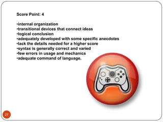 The young girl was on her way to school. She was at school when she relizedshe forgot her camra. She got to school and the bus was there. She raced to it andgot on. She promised her cousin she would take pictures. She was at the camp.She hoped out and raced over to her friends. She begged them to give her thecamra. They pushed her away and said no. How was the girl going to find a camranow? The group walked and went on three trail hikes before lunch. The group finallywalked through a gooey slushy swamp, and through the thin brush to the dining hall.Next to the hall was a gift shop. The young girl dashed ahead and into the shop.She had her money just in case. She saw one camra left. She said to the cashier Iwould like that camra. She turned around and out the door. She took pictures ofeverything. Then she turned to see her mom, with her camra.Score Point: 3sparse, but controlled