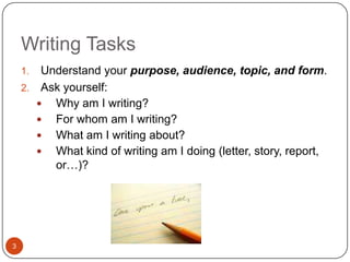 Writing Tasks3Understand your purpose, audience, topic, and form.Ask yourself:Why am I writing?For whom am I writing?What am I writing about?What kind of writing am I doing (letter, story, report, or…)?	