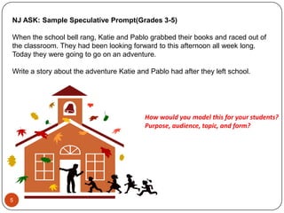 NJ ASK: Sample Speculative Prompt(Grades 3-5)When the school bell rang, Katie and Pablo grabbed their books and raced out of the classroom. They had been looking forward to this afternoon all week long. Today they were going to go on an adventure.Write a story about the adventure Katie and Pablo had after they left school.5How would youmodel this for your students?Purpose, audience, topic, and form?