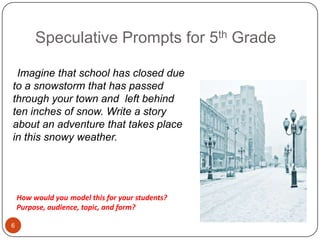 Speculative Prompts for 5th Grade6Imagine that school has closed due to a snowstorm that has passed  through your town and  left behind ten inches of snow. Write a story about an adventure that takes place in this snowy weather.How would youmodel this for your students?Purpose, audience, topic, and form?