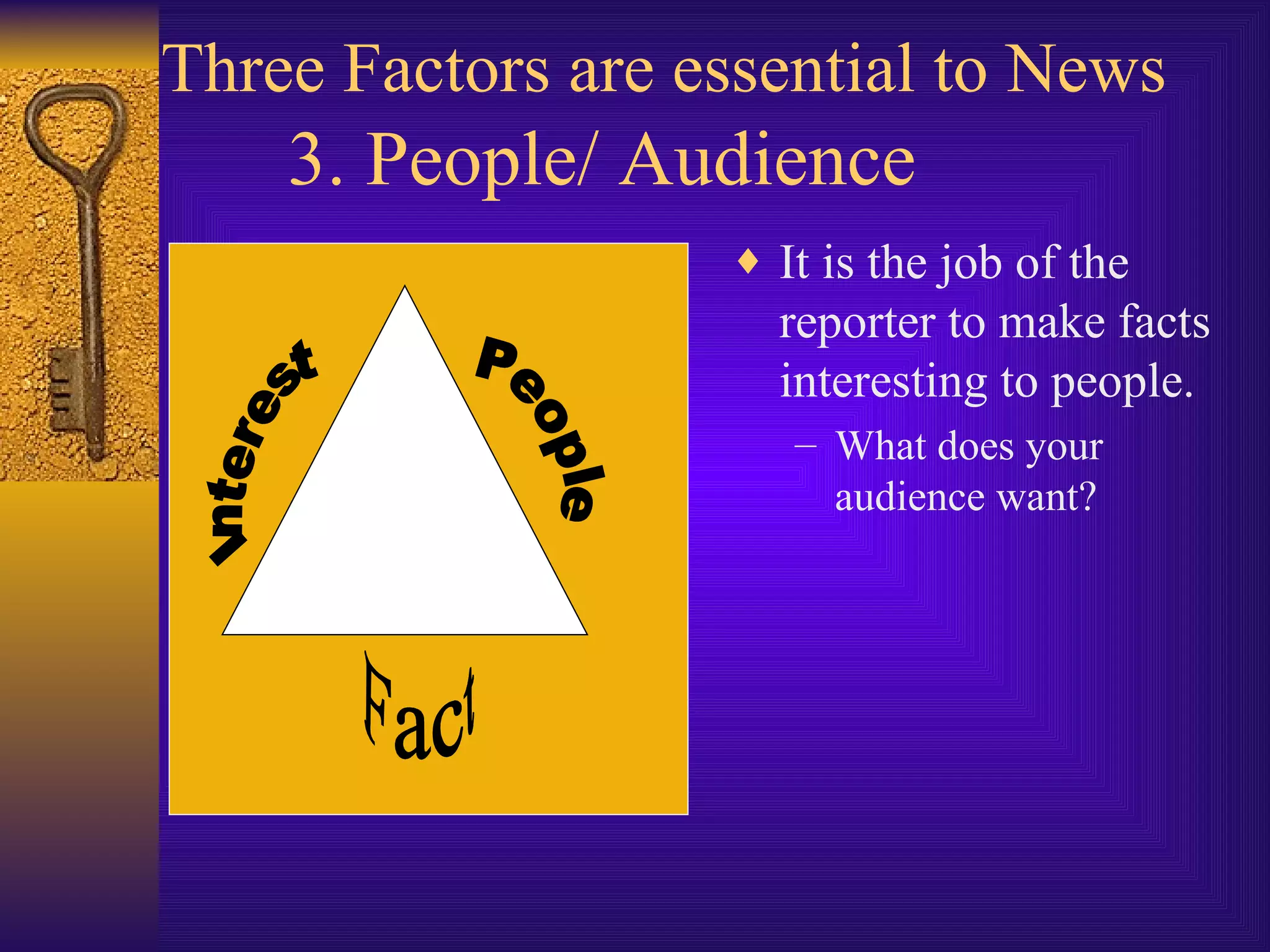 Three Factors are essential to News 3. People/ Audience It is the job of the reporter to make facts interesting to people. What does your audience want? Interest People Fact 