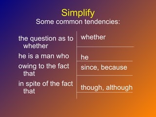 Simplify
      Some common tendencies:

the question as to     whether
  whether
he is a man who        he
owing to the fact      since, because
  that
in spite of the fact
                       though, although
  that
 