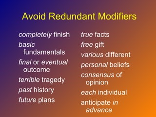 Avoid Redundant Modifiers
completely finish   true facts
basic               free gift
  fundamentals      various different
final or eventual   personal beliefs
  outcome
                    consensus of
terrible tragedy      opinion
past history        each individual
future plans        anticipate in
                      advance
 