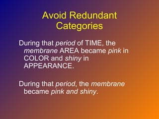 Avoid Redundant
         Categories
During that period of TIME, the
 membrane AREA became pink in
 COLOR and shiny in
 APPEARANCE.

During that period, the membrane
 became pink and shiny.
 