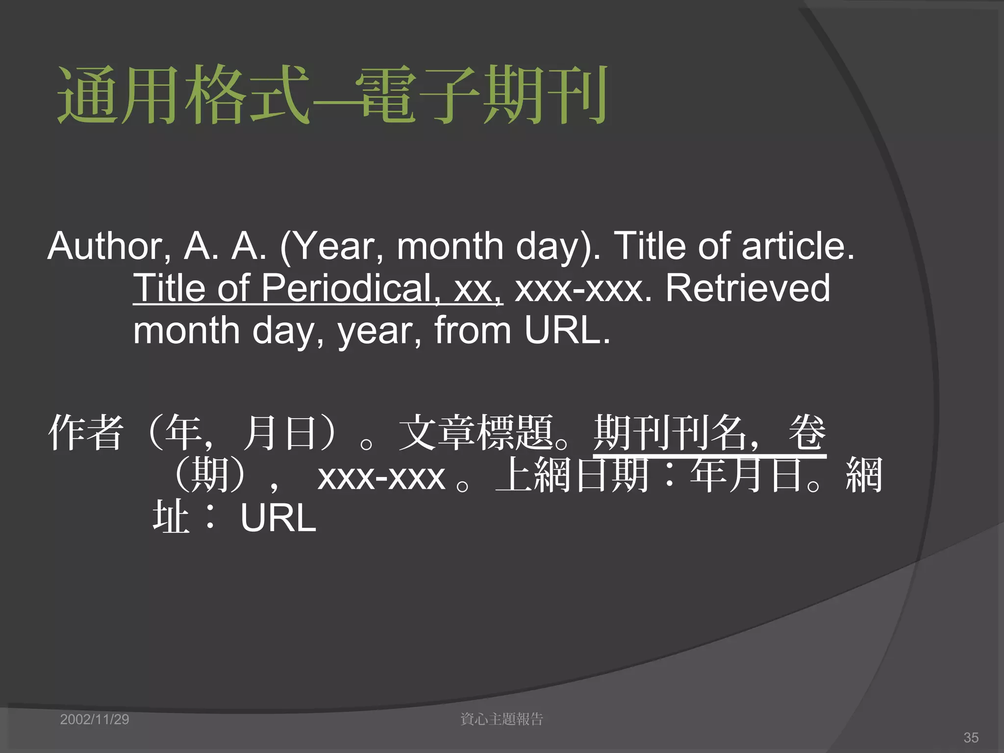 通用格式—電子期刊
2002/11/29 資心主題報告
35
Author, A. A. (Year, month day). Title of article.
Title of Periodical, xx, xxx-xxx. Retrieved
month day, year, from URL.
作者（年，月日）。文章標題。期刊刊名，卷
（期）， xxx-xxx 。上網日期：年月日。網
址： URL
 