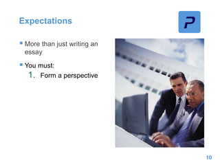 Expectations
 More than just writing an
essay
 You must:
1. Form a perspective
10
 