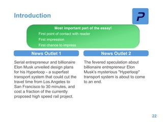 Introduction
News Outlet 1
Serial entrepreneur and billionaire
Elon Musk unveiled design plans
for his Hyperloop - a superfast
transport system that could cut the
travel time from Los Angeles to
San Francisco to 30 minutes, and
cost a fraction of the currently
proposed high speed rail project.
News Outlet 2
The fevered speculation about
billionaire entrepreneur Elon
Musk's mysterious "Hyperloop"
transport system is about to come
to an end.
Most important part of the essay!
First point of contact with reader
First impression
First chance to impress
22
 