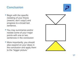  Begin with the specific
restating of your thesis
(reword, don’t copy!) and
progress to a broad last
sentence.
 You may summarize and/or
restate some of your major
points with one or two
sentences in the conclusion
 More importantly, you should
also expand on your ideas in
the conclusion and apply them
to the “bigger picture.”
Conclusion
27
 