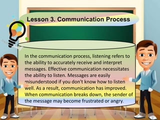 Lesson 3. Communication Process
In the communication process, listening refers to
the ability to accurately receive and interpret
messages. Effective communication necessitates
the ability to listen. Messages are easily
misunderstood if you don't know how to listen
well. As a result, communication has improved.
When communication breaks down, the sender of
the message may become frustrated or angry.
 