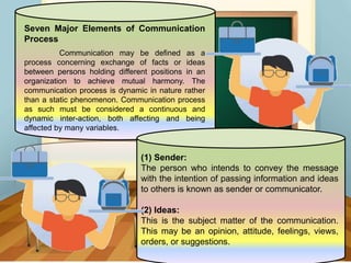 Seven Major Elements of Communication
Process
Communication may be defined as a
process concerning exchange of facts or ideas
between persons holding different positions in an
organization to achieve mutual harmony. The
communication process is dynamic in nature rather
than a static phenomenon. Communication process
as such must be considered a continuous and
dynamic inter-action, both affecting and being
affected by many variables.
(1) Sender:
The person who intends to convey the message
with the intention of passing information and ideas
to others is known as sender or communicator.
(2) Ideas:
This is the subject matter of the communication.
This may be an opinion, attitude, feelings, views,
orders, or suggestions.
 