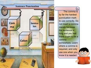 Sentence Punctuation
Com
ma
Colon
Semico
lon
The comma is
by far the hardest
punctuation mark
to use correctly. Do
not insert a comma
merely because
the sentence is
long and you feel
there ought to be a
comma
somewhere. Learn
where a comma is
required, and only
use one when you
know it is needed.
 