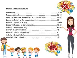 Introduction........................................................................................50-51
Pre Assessment................................................................................52-53
Lesson1:TheNature and Process of Communication........................54-56
Lesson 2: Nature of Communication.................................................57
Activity 1: Individual Activity...............................................................58-59
Lesson 3: Process of Communication...............................................60-61
Activity 2: Educational Vlog...............................................................62-64
Barriers to Communication................................................................65
Activity 3: Drama Presentation..........................................................66
Activity 4: Group Activity....................................................................67
Activity 5: KWLH Chart......................................................................68
Chapter 2: Teaching Speaking
 