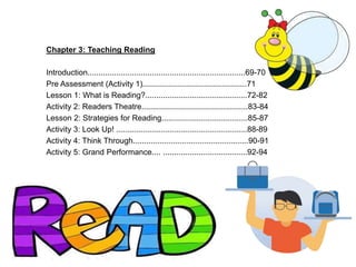 Chapter 3: Teaching Reading
Introduction.......................................................................69-70
Pre Assessment (Activity 1)...............................................71
Lesson 1: What is Reading?..............................................72-82
Activity 2: Readers Theatre................................................83-84
Lesson 2: Strategies for Reading.......................................85-87
Activity 3: Look Up! ...........................................................88-89
Activity 4: Think Through....................................................90-91
Activity 5: Grand Performance.... ......................................92-94
 