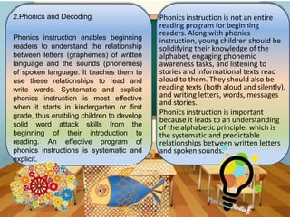 2.Phonics and Decoding
Phonics instruction enables beginning
readers to understand the relationship
between letters (graphemes) of written
language and the sounds (phonemes)
of spoken language. It teaches them to
use these relationships to read and
write words. Systematic and explicit
phonics instruction is most effective
when it starts in kindergarten or first
grade, thus enabling children to develop
solid word attack skills from the
beginning of their introduction to
reading. An effective program of
phonics instructions is systematic and
explicit.
Phonics instruction is not an entire
reading program for beginning
readers. Along with phonics
instruction, young children should be
solidifying their knowledge of the
alphabet, engaging phonemic
awareness tasks, and listening to
stories and informational texts read
aloud to them. They should also be
reading texts (both aloud and silently),
and writing letters, words, messages
and stories.
Phonics instruction is important
because it leads to an understanding
of the alphabetic principle, which is
the systematic and predictable
relationships between written letters
and spoken sounds.
 