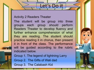 Activity 2 Readers Theater
The student will be group into three
groups each group should perform
Readers Theater to develop fluency and
further enhance comprehension of what
they are reading. The student should
practice reading it in chorus, then present
it in front of the class. The performance
will be guided according to the rubric
indicated below.
Group 1. The legend of lightning Larry
Group 2. The Gifts of Wali dad
Group 3. The Calabash Kid
Let’s Do it
 