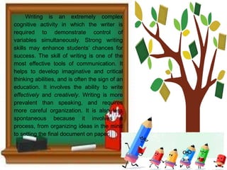 Writing is an extremely complex
cognitive activity in which the writer is
required to demonstrate control of
variables simultaneously. Strong writing
skills may enhance students’ chances for
success. The skill of writing is one of the
most effective tools of communication. It
helps to develop imaginative and critical
thinking abilities, and is often the sign of an
education. It involves the ability to write
effectively and creatively. Writing is more
prevalent than speaking, and requires
more careful organization. It is also less
spontaneous because it involves a
process, from organizing ideas in the mind
to setting the final document on paper.
 