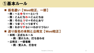 ◼ 仮名遣い【Word校正、一部】
• 例：～とゆう⇒～という
• 例：こんにちわ⇒こんにちは
• 例：そのとうり⇒そのとおり
• 例：つまづく⇒つまずく
• 例：わかりずらい⇒わかりづらい
◼ 送り仮名の本則と公用文【Word校正】
• 本則：正式なルール
• 例：受け入れ、打ち合わせ
• 公用文：一部省略
• 例：受入れ、打合せ
Copyright (c) kosho.org 15
①基本ルール
 