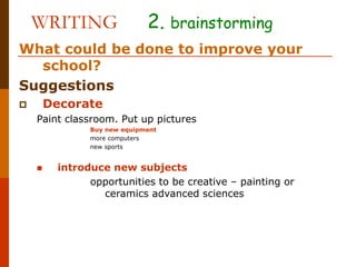 WRITING 2. brainstorming
What could be done to improve your
school?
Suggestions
 Decorate
Paint classroom. Put up pictures
Buy new equipment
more computers
new sports
 introduce new subjects
opportunities to be creative – painting or
ceramics advanced sciences
 