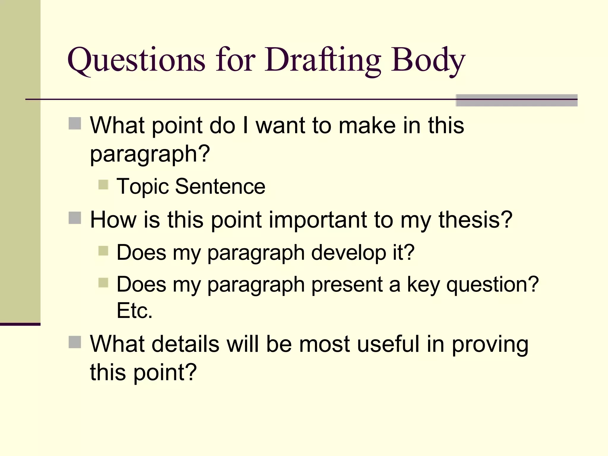 Questions for Drafting Body What point do I want to make in this paragraph? Topic Sentence How is this point important to my thesis? Does my paragraph develop it? Does my paragraph present a key question? Etc. What details will be most useful in proving this point?