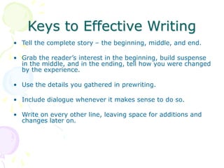 Keys to Effective Writing
• Tell the complete story – the beginning, middle, and end.
• Grab the reader’s interest in the beginning, build suspense
in the middle, and in the ending, tell how you were changed
by the experience.
• Use the details you gathered in prewriting.
• Include dialogue whenever it makes sense to do so.
• Write on every other line, leaving space for additions and
changes later on.
 