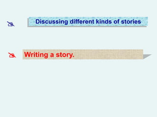 Discussing different kinds of stories
Writing a story.


 