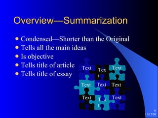 Overview—Summarization  Condensed—Shorter than the Original Tells all the main ideas Is objective Tells title of article Tells title of essay Text Text Text Text Text Text Text Text Text 