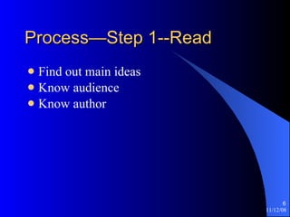 Process—Step 1--Read Find out main ideas Know audience Know author 
