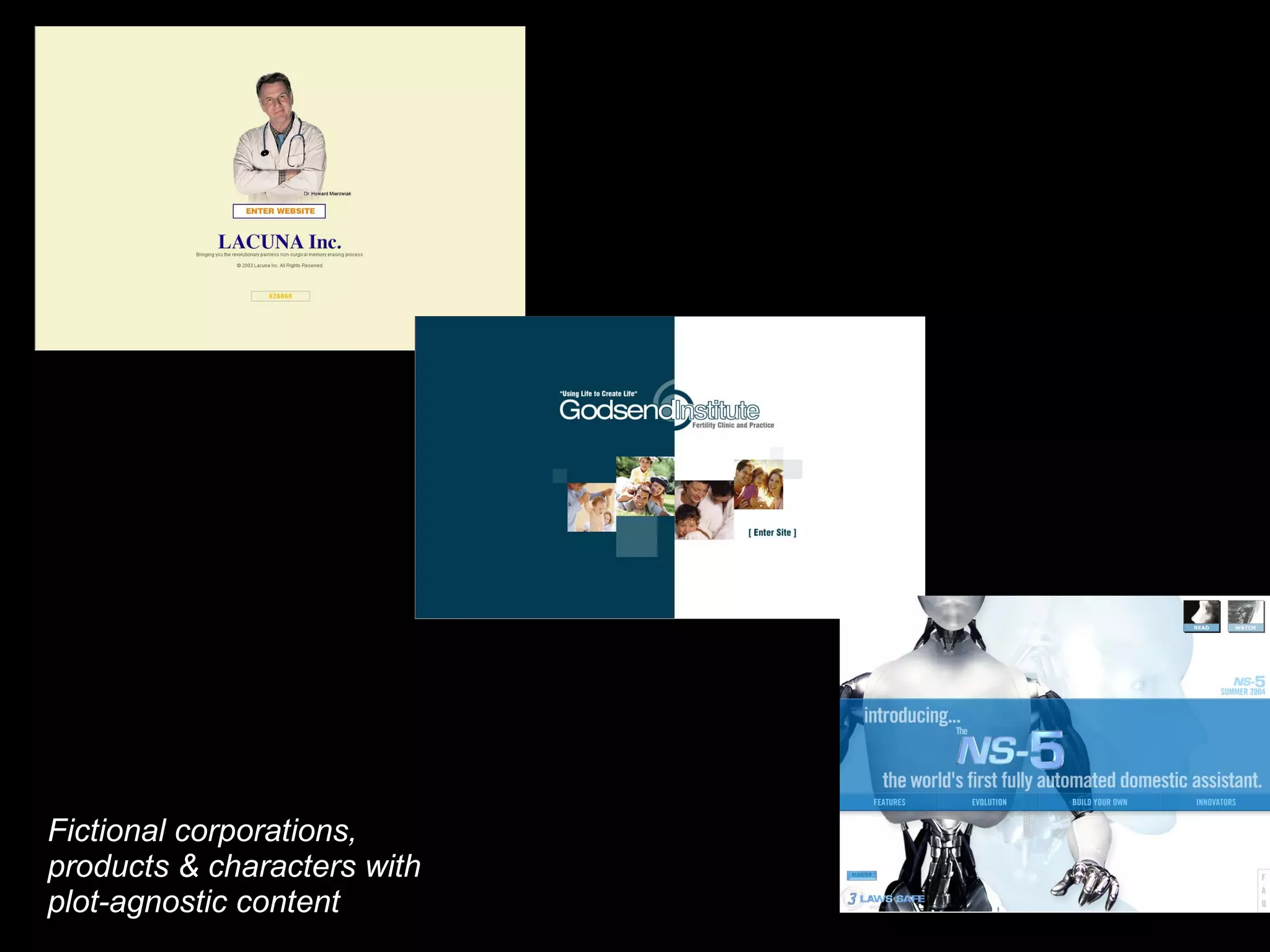 Fictional corporations, products & characters with plot-agnostic content 