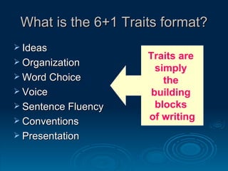 What is the 6+1 Traits format? Ideas Organization Word Choice Voice Sentence Fluency Conventions Presentation Traits are  simply  the  building  blocks  of writing 
