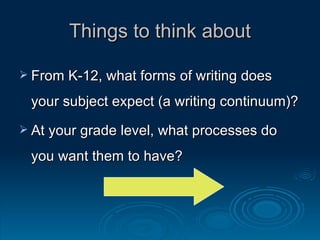 Things to think about From K-12, what forms of writing does your subject expect (a writing continuum)? At your grade level, what processes do you want them to have? 